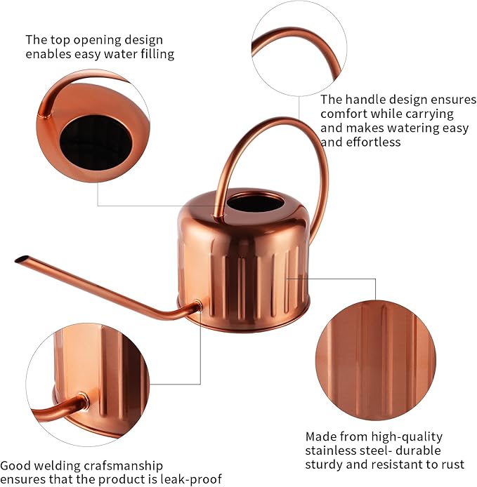 34oz/1L Stainless Steel Watering Can - Indoor/Outdoor Plant Watering Can with Long Spout, Rust-Proof for Succulents, Houseplants, Garden - Modern Minimalist Design (Copper Color)