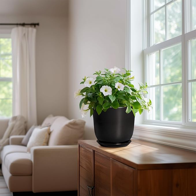 8 Inch Plant Pot - Ceramic Pots for Plants with Drainage Hole and Saucer, Round Planter for Indoor Outdoor, Modern Flower Pot, Gifts for Plant Lovers, Home Room Garden Porch Decor, Black