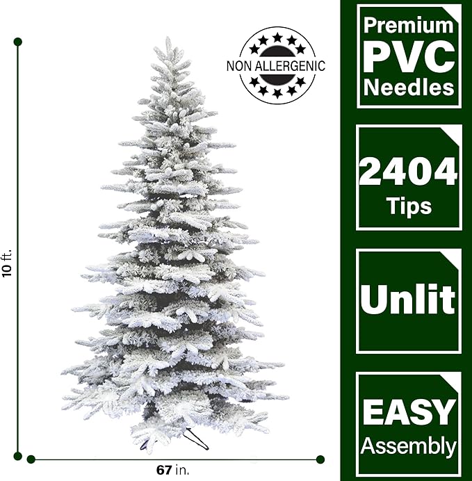 Fraser Hill Farm 10-ft. Pine Valley Flocked Christmas Tree, Huge Fake Christmas Tree with No Lights, Unlit Snowy Artificial Christmas Tree, Festive Indoor Holiday Decoration