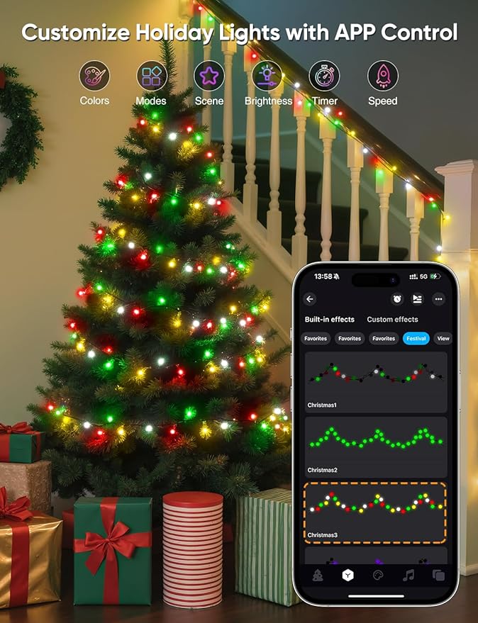 Ollny Smart Christmas Lights, 66FT 200 LEDs APP Control RGB Color Changing Christmas Tree Lights with Remote, Programmable DIY Musical Waterproof Green Wire Decor Light with Timer for Indoor Outdoor