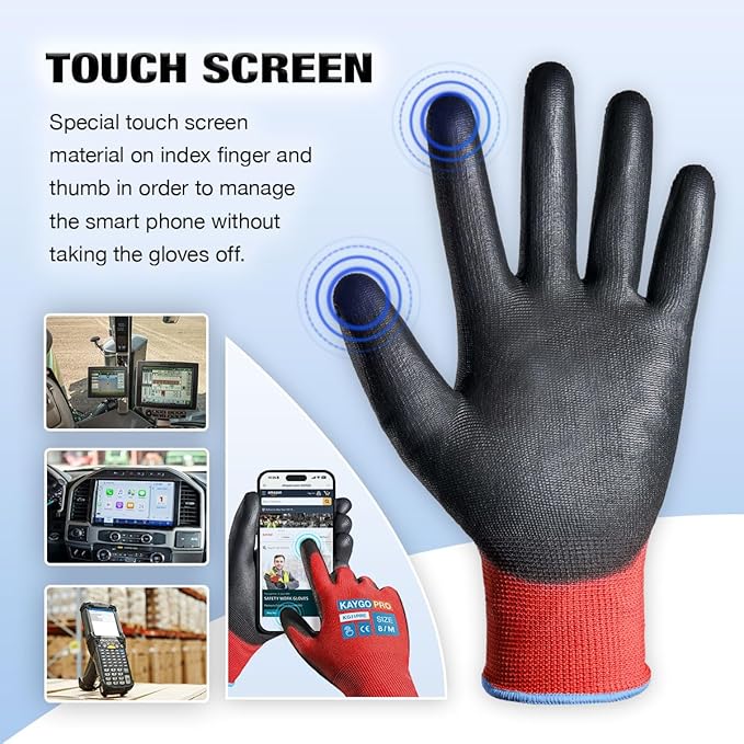 KAYGO Safety Work Gloves PU Coated for Men and Women- KG11P,12 Pairs,Seamless Knit Glove with Two Fingers Touchscreen,Ideal for General Duty Work (Red,S)
