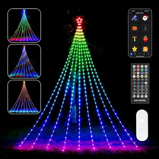 Outdoor Halloween Decorations 23FT RGB Color Changing Hanging Waterfall String Lights with Star, APP Remote Control, DIY Multi-Color Lightshow, Music Sync, Xmas Halloween Decor