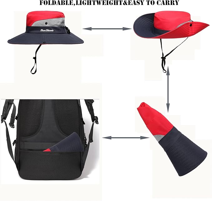Womens Summer Sun Hat Beach Hat Wide Brim Outdoor UV Protection Hat Foldable Cool Mesh Ponytail Bucket Hat