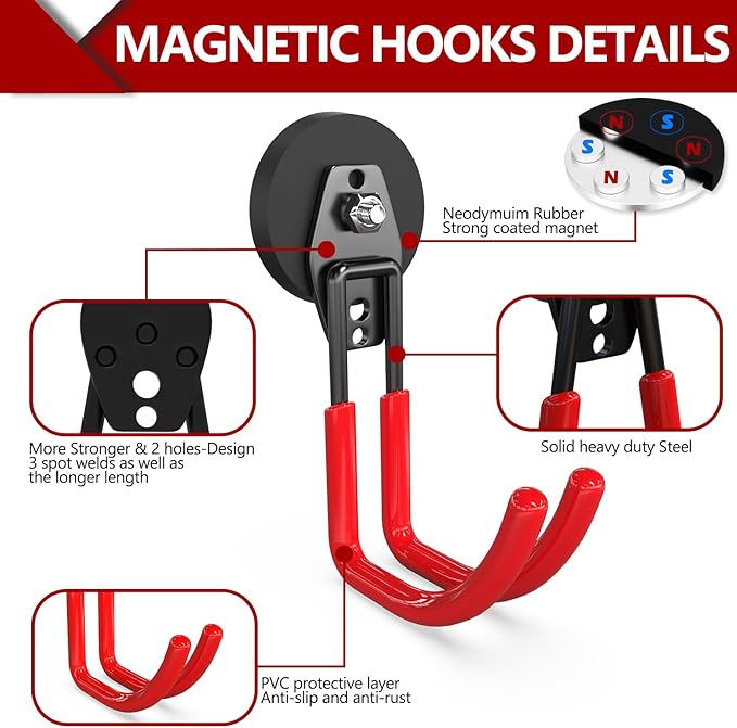 3-H Heavy Duty Magnet Garage Hooks 4 Pack, J Shape Strong Magnetic Hooks for Hanging Cordless Power Drill, Utility Magnetic Tool Holder for Metal Cabinet, Steel Pegboard, Toolbox, Garage(Red)
