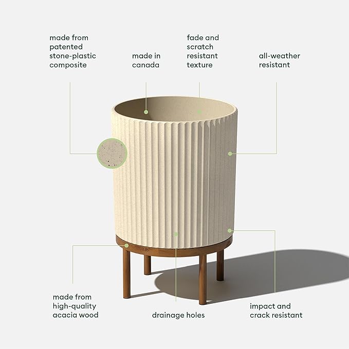 Veradek Demi Series Round Planter w/Stand for Porch/Patio | Durable Plastic-Stone Composite & Wooden Stand | Modern Décor for Tall Plants, Flowers