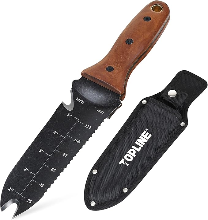 TOPLINE Hori Hori Garden Knife with Oxford Sheath, 7”Stainless Steel Blade with Cutting Edge, Folked Tip Design, Full Tang Walnut Handle, Multifunctional Garden Tools for Weeding, Planting, Cutting