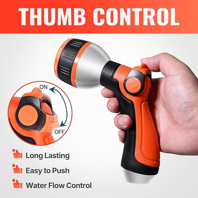 YAMATIC Garden Hose 50ft x 5/8in, Durable Water Hose with 10 Function Hose Nozzle, Swivel Handle, Kinkless, Leakproof, 3/4" Solid Brass Connections for Backyard Lawn Car Wash