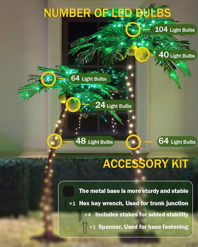 Lighted Palm Tree Set 5ft and 7ft with Glowing Coconuts - Dimmable, UL Certified, Waterproof - Ideal for Indoor and Outdoor Decoration