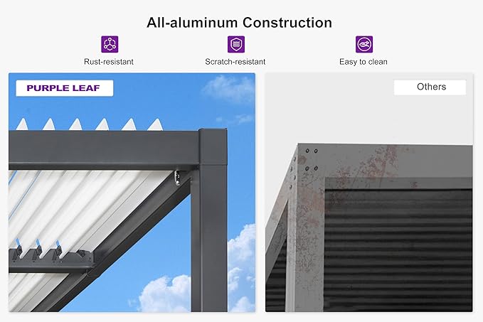 PURPLE LEAF Louvered Pergola 10' x 14' Outdoor Aluminum Pergola with White Adjustable Rainproof Roof Grey Frame Hardtop Gazebo for Patio Deck Garden