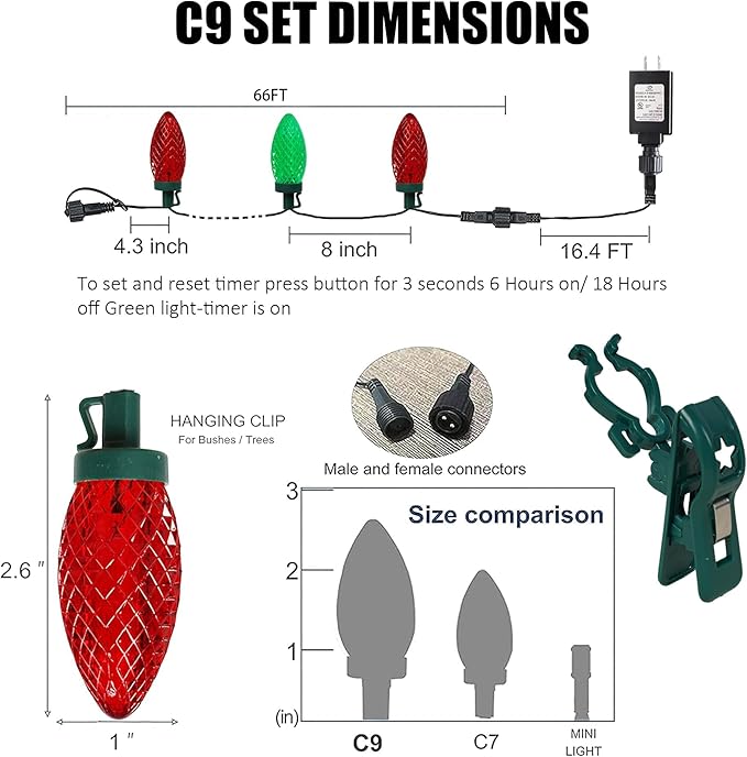 TW SHINE C9 Christmas Lights, 100 LED 66 FT Christmas String Lights Outdoor with 100 Spring Clips and Timer, Waterproof Connectable for Indoor Yard Xmas Tree House Decorations (Red & Green)
