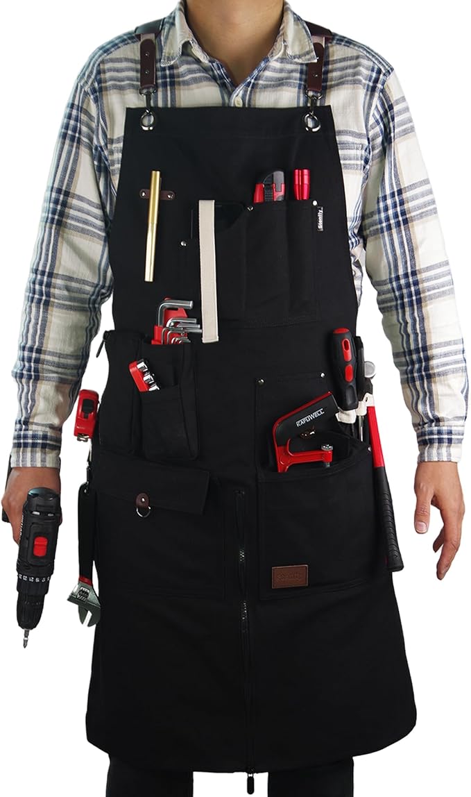 Woodworking Apron, Tool Apron, Canvas, Multiple Pockets, Adjustable Zipper, Metal Ring, Tape Measure Clip, Plus Size, Black.