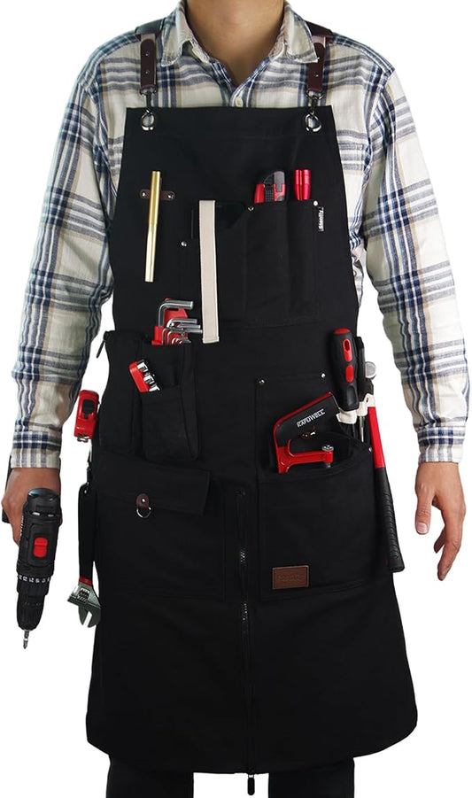 Woodworking Apron, Tool Apron, Canvas, Multiple Pockets, Adjustable Zipper, Metal Ring, Tape Measure Clip, Plus Size, Black.