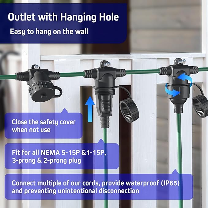 50FT Green Outdoor Extension Cord, Evenly Spaced 6 Outlets Plugs with Waterproof Cover, 16/3 SJTW Weatherproof Multiple Outlets Wire for Holiday Light and Halloween Christmas Decoration, ETL Listed