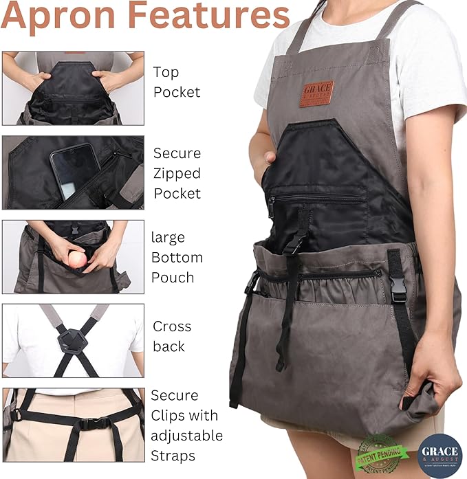 Gardening Apron with Pockets for Women & Men - Garden Apron 7 Pockets & Internal Drawstring Bag - Great Gift