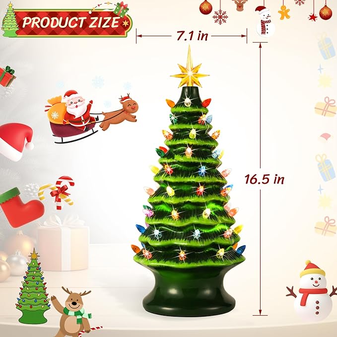 Lakumu 16.5" Table Top Christmas Tree, Hand Painted Resin Christmas Tree with Lights, Pre-lit Xmas Tree Decor Lighted Tabletop Decoration with Multicolored LED Bulbs, Ceramic-Like Finish