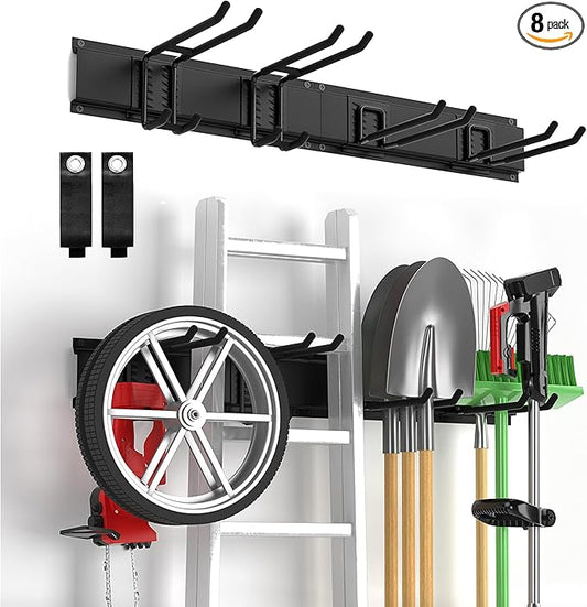Garage Tool Organizer Wall Mount, Yard Garden Tool Organizer, Adjustable Tool Storage Rack with 4 Heavy Duty Steel Hooks, Max Load 200lbs Garage Organization, Black