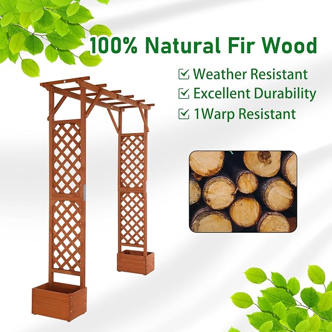 VINGLI Wooden Garden Arbor with Planter, Wedding Arch for Ceremony, Wood Garden Arbour Trellis for Plant Climbing, Pergola for Garden Backyard, Lawn, Outdoor