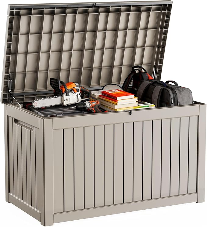 DRATO 230 Gallon Deck Box, Waterproof Resin Large Outdoor Storgae Box for Patio Furniture, Patio Cushions, Gardening Tools, Pool Supplies, Lockable