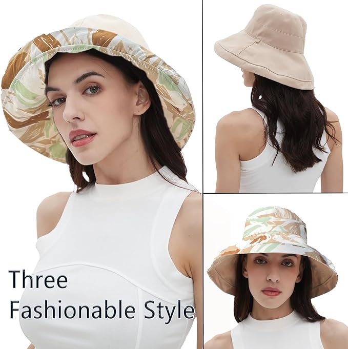 vidsel Womens Sun Hats Wide Brim Reversible Bucket Cotton Hat Packable Summer Travel Cap with Hat Clip,UV Protection
