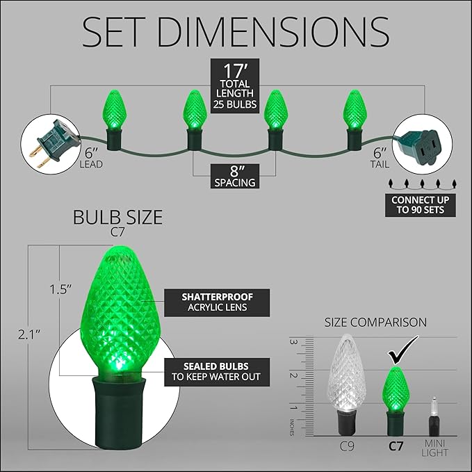 25 Green C7 Christmas Lights, 17 Ft – LED String Light Set by Wintergreen for Outdoor Holiday Lighting, St. Patrick's Day, and Halloween