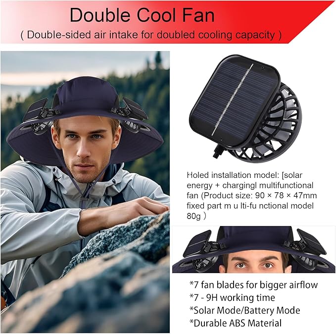 Wide Brim Solar Fan Outdoor Fishing Hat with 2 Solar Fan UPF 50+ Sun Bucket Hat Waterproof Breathable Fishing Hat Bucket Hat