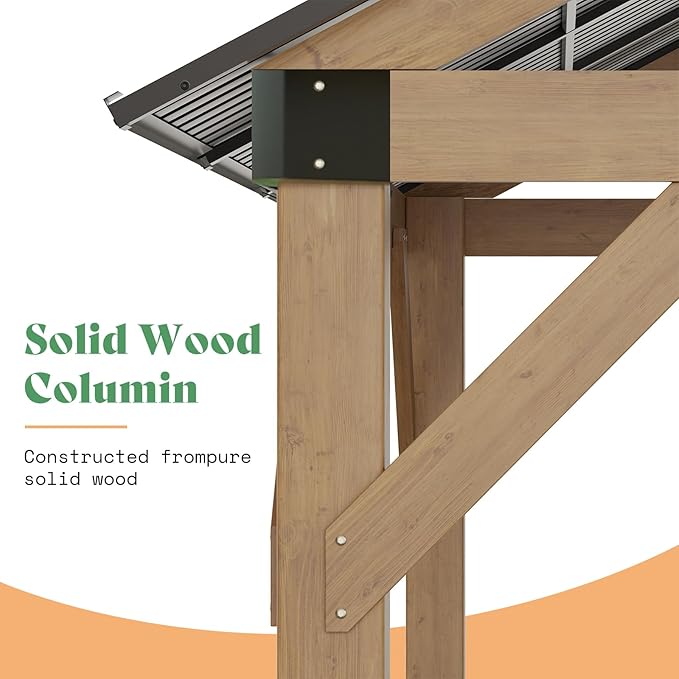 10x12 FT Wood Gazebo, Hardtop Pergola with Steel Gable Roof, Outdoor Gazebo with Guest House for Garden, Porch, Patio, Black + Natural Wood