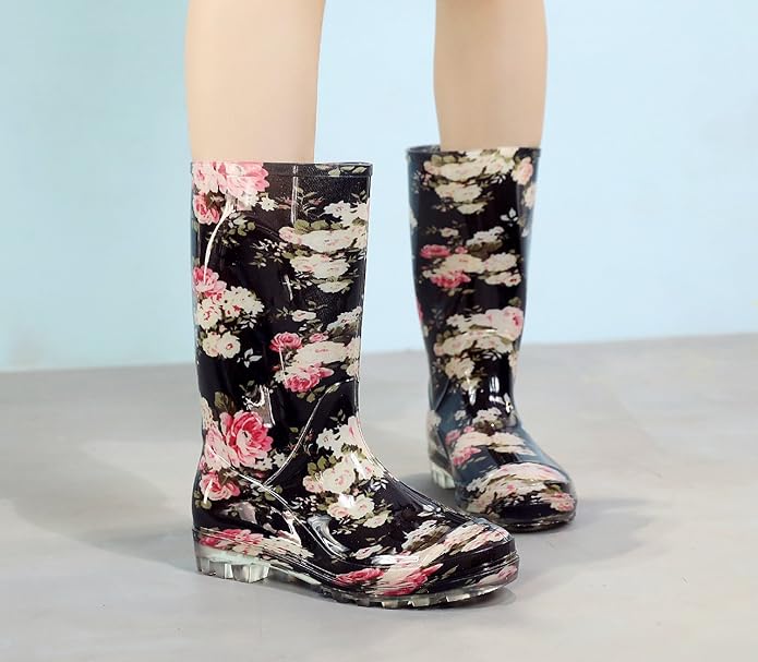 Womens Rain and Garden Boot Half Calf Rubber Rainboots Floral Printed Waterproof for Garden Women rain Footwear