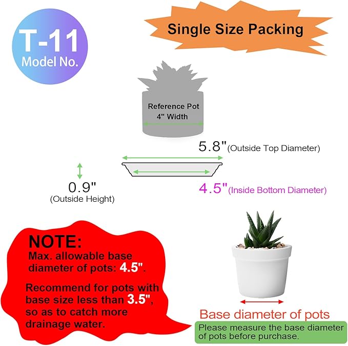 5.8 inch (4.5" at Base) Plastic Plant Saucer Pack of 6, Small Plant Saucers for Indoors, Thick Heavy Durable Plant Pots Saucers Plant Drip Trays for Pots Planter Saucers for Outdoors