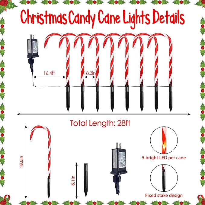 8 Pack Christmas Candy Cane Lights, Christmas Decorations Outdoor Waterproof, Pathway Light Plug in with 8 Lighting Modes & Memory Function for Outside Path Walkway Party Garden Yard Patio Xmas Decor