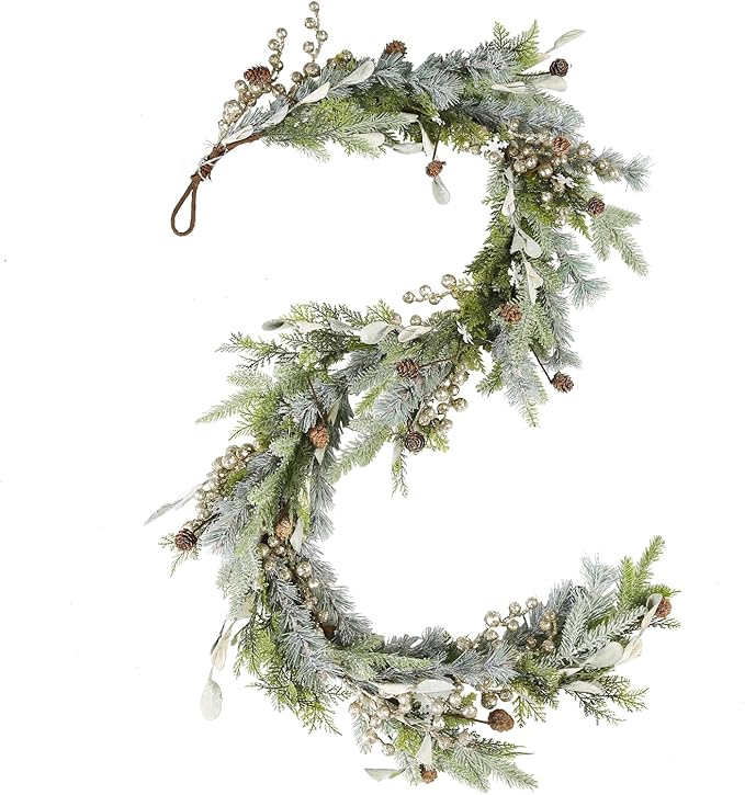 WBHome 6ft Mixed Snowy Norway Spruce & Pine Branch with Shimmy Berries Mantle Christmas Garland, Winter Flocked Garland for Christmas Holiday Seasonal Indoor/Outdoor Home Decor Mantle