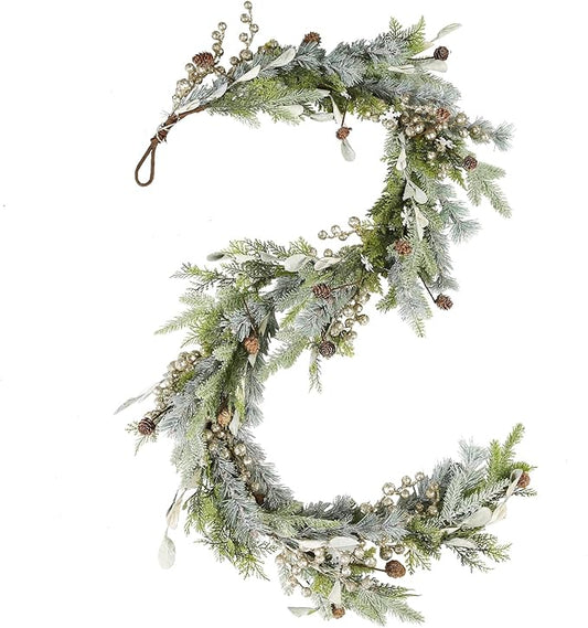WBHome 6ft Mixed Snowy Norway Spruce & Pine Branch with Shimmy Berries Mantle Christmas Garland, Winter Flocked Garland for Christmas Holiday Seasonal Indoor/Outdoor Home Decor Mantle