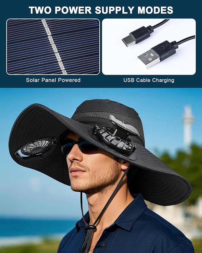 Wide Brim Sun Hat with 2 Solar Fan, Sun Bucket Hat for Men Women, UPF 50+ Bucket Fishing & Beach Hat with Fan
