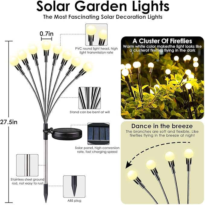 BOSSERN Solar Lights Outdoor Waterproof, 10 Pack Solar Garden Lights, Firefly Light Outdoor Waterproof, Twinkle Swaying Fairy Light for Yard Patio Pathway Garden Decoration (Warm White)