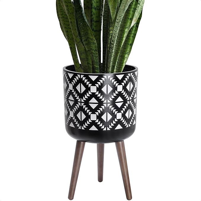 D'vine Dev 12 Inch Planter Pot with Stand, Mid-Century Tall Plant Pot with Legs for Indoor Plants, White/Black, 88-G-C-4