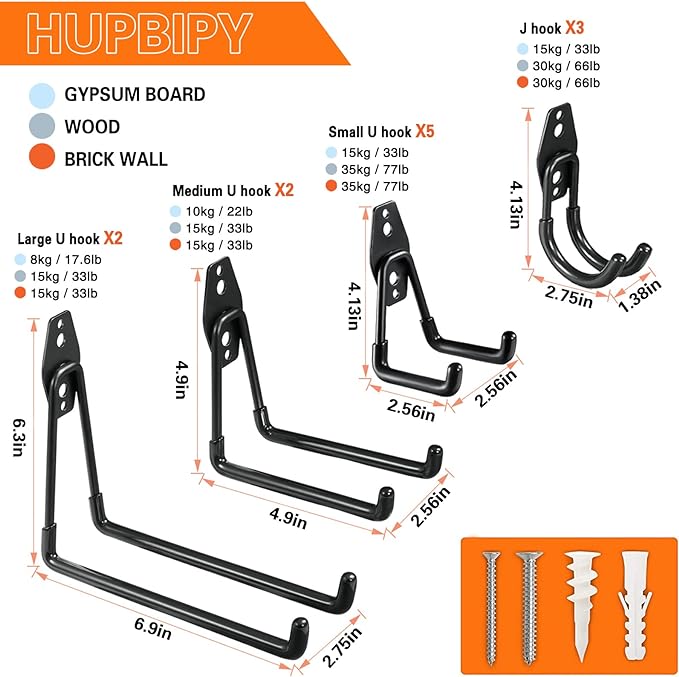 12 Pack Garage Hooks Heavy Duty Utility Steel with Anti-Slip Coating Wall Mount Storage Organizer for Hanging Power and Garden Tools, Ladders, Hose, Bikes, Ropes, Bulk Items, and More