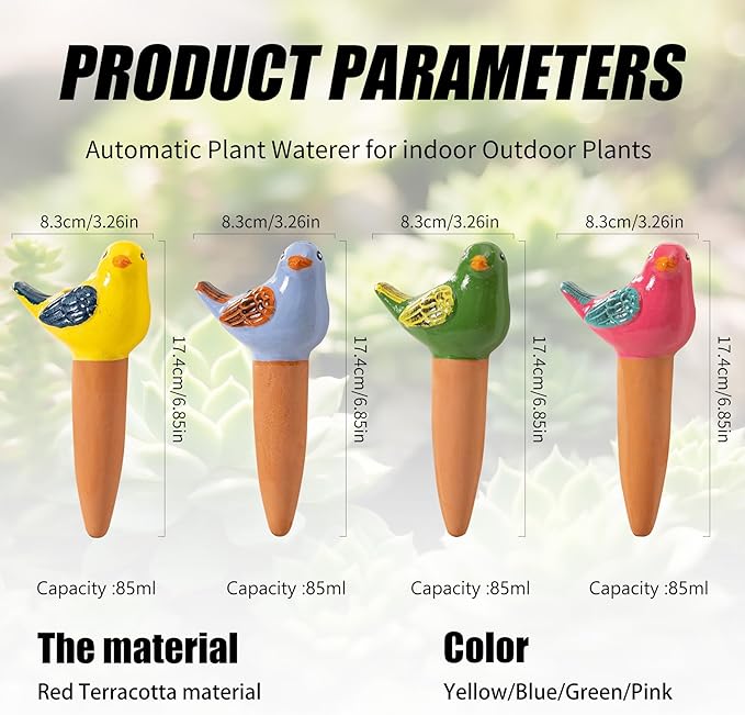 4 Pack Self Watering Bird Shaped Globes, Terracotta Vacation Planters Devices with Slow Release Automatic Watering Spikes, Plant Watering Pots for Indoor and Outdoor Potted Plant