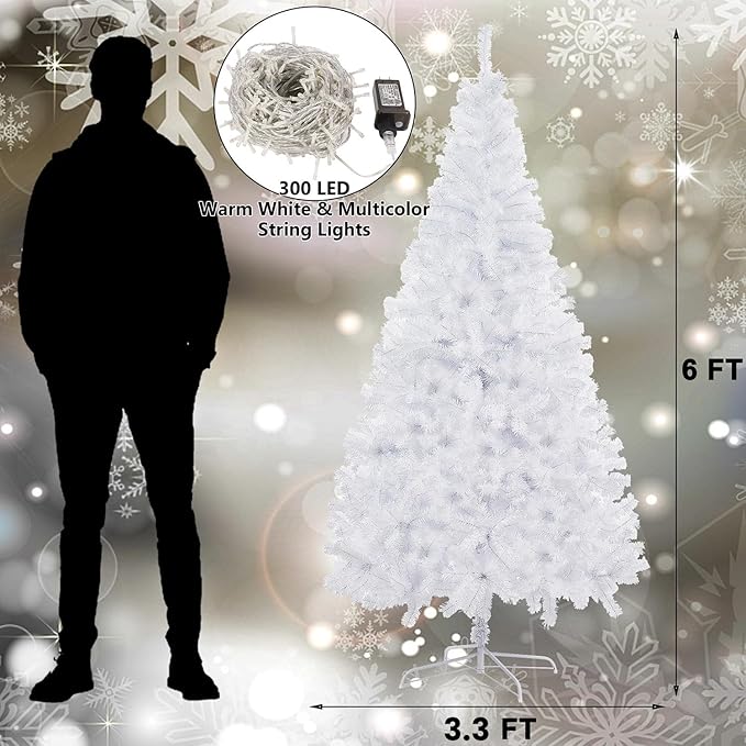 Juegoal 6 FT Artificial Christmas Tree (NOT Pre-Strung) with Remote Control, 300 LED Warm White & Multicolor Changing Lights, Fake Xmas Pine Tree with Metal Legs, 850 Branch Tips, White