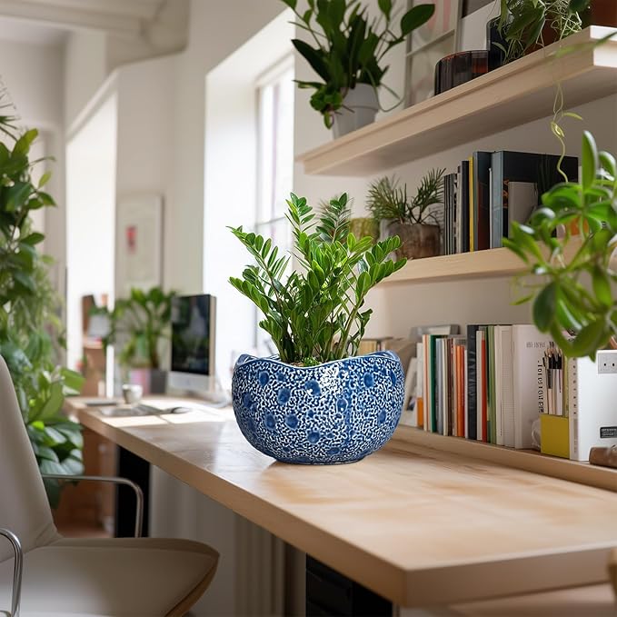 10 Inch Plant Pot - Ceramic Pots for Plants Indoor Outdoor, Round Bonsai Pots with Drainage Hole, Decorative Flower Pot, Modern Unique Planters, House Decor, Housewarming Gifts, Blue