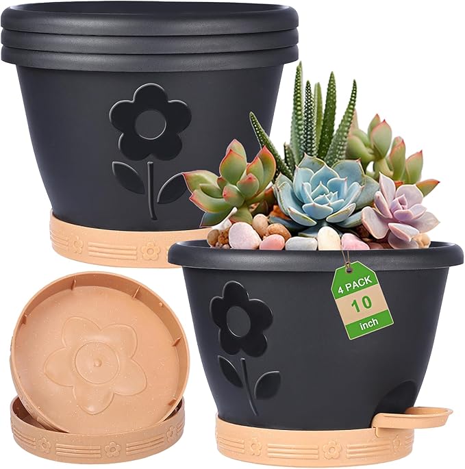 Plant Pots 10 Inch Set of 4, Self Watering Pots with Drainage Holes, Saucer & Reservoir, Flower Pots for Indoor/Outdoor Plants, Decorative Nursery Planting Pots (Black)