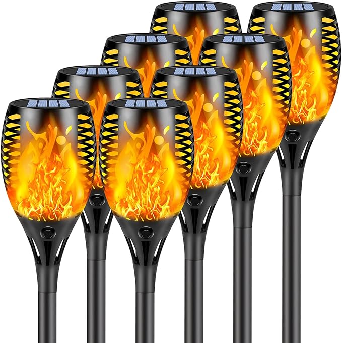 Upgraded 8 Pack Super Larger Size Solar Torch Lights with Flickering Flame, Extra Bright Solar Lights Christmas Decorations, Christmas Tiki Light Outdoor Waterproof for Garden Pathway Auto On and Off