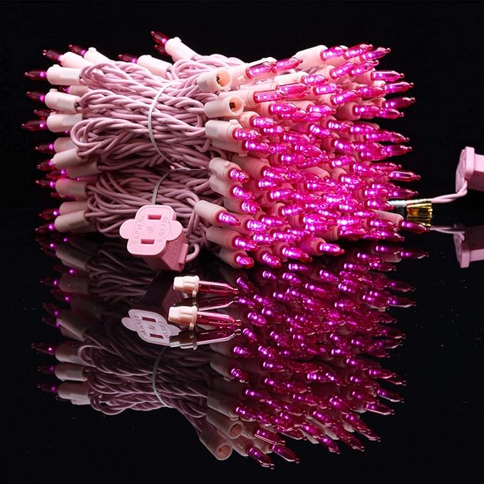 YULETIME 200 Pink LED Christmas Lights, 66 Feet Pink Wire UL Certified Commercial Grade Holiday String Light Set