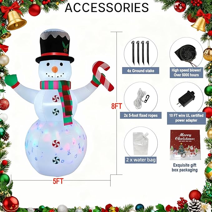 8 FT Christmas Inflatables Giant Snowman Outdoor Decorations,Giant Blow up Snowman with Black Hat,Built-in Rotating Colorful Lights for Yard, Garden, Patio, Lawn Xmas Holiday Decor