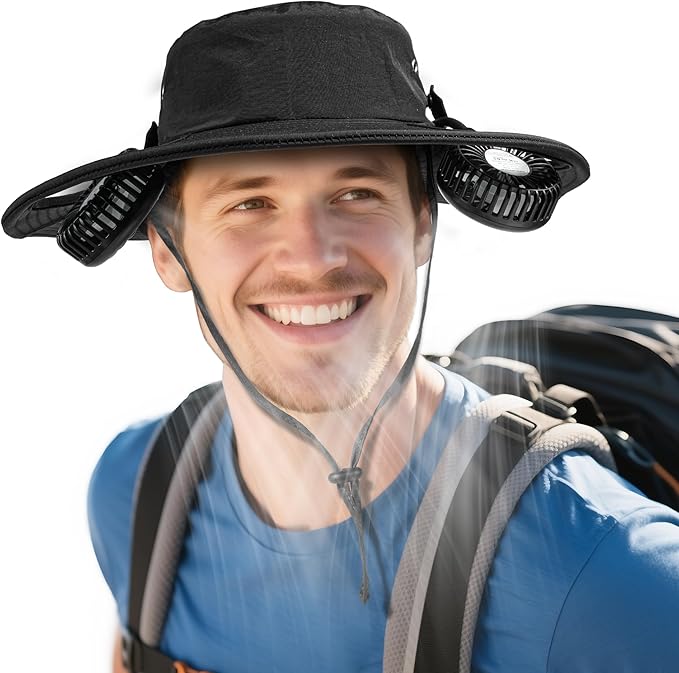 2-in-1 Hands-Free Hat Fan Neck Fan UPF 50+ Wide Brim Sun Hat 16Hrs Running 3-Speed Fishing Essentials for Men Women