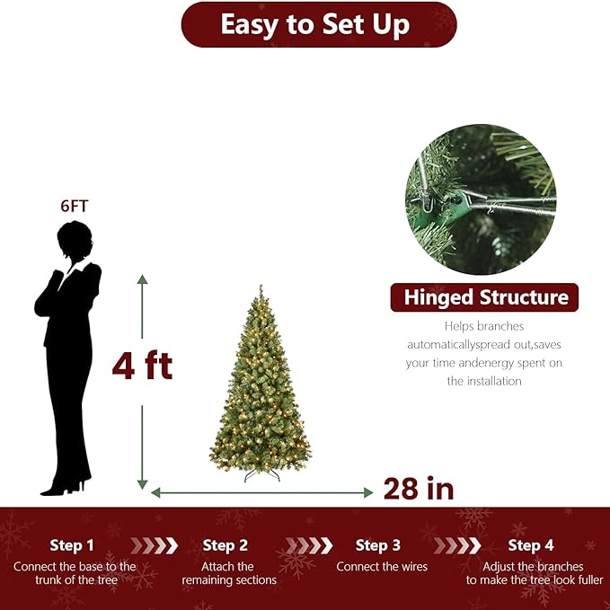4ft Per-Lit Artificial Christmas Tree with 150 Warm White Lights, Premium Full Hinged Prelight Christmas Tree with 328 Steel Branch Tips, Green Xmas Tree for Easy Holiday Setup, Foldable Base