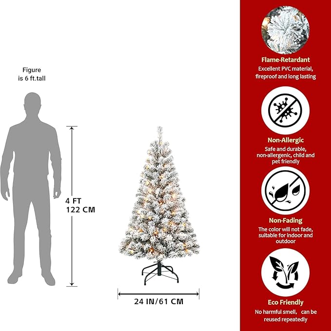 4FT Pre-Lit Flocked Christmas Tree with 100 Warm White Lights, Full White Christmas Tree with Premium PVC Branches,Realistic Snowy Look, Indoor Fake Snow Xmas Tree for Home Office Shops