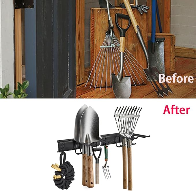 Garage Tool Organizer Wall Mount,32 inches Garden Tool Organizer with Adjustable Hooks for Garage, Basement, Shed,Shovel (Normal)