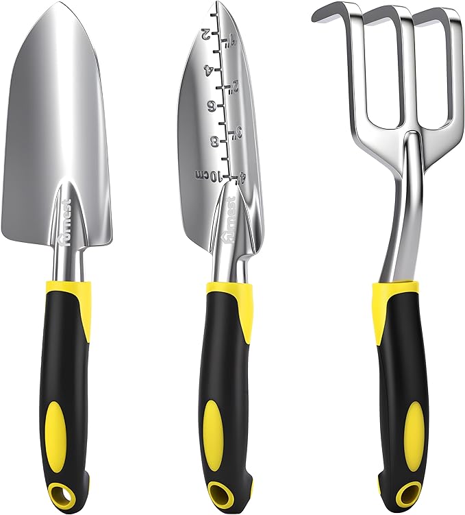 Garden Tool Set, 3 Pack Aluminum Heavy Gardening Kit Including Hand Shovel, Transplant Shovel and Hand Rake for Planting, Digging, Weeding