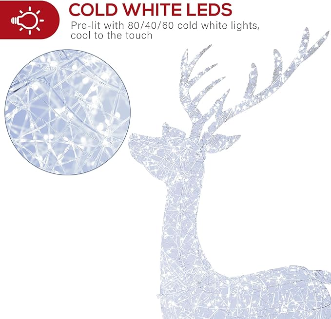 Hykolity 4.5 FT 3D Lighted Outdoor Christmas Reindeers Family, 3-Piece Light Up Twinkling Deer Set with 1660 White LED Lights, Groud Stakes, Zip Ties for Holiday Decorations