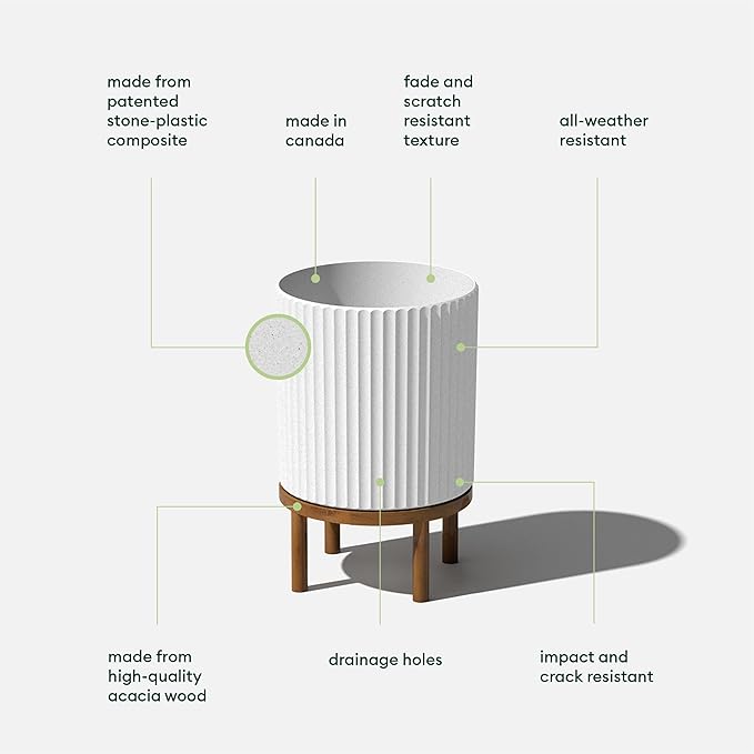 Veradek Demi Series Round Planter w/ Stand for Porch/Patio | Durable Plastic-Concrete & Wooden Stand | Modern Décor for Tall Plants, Flowers