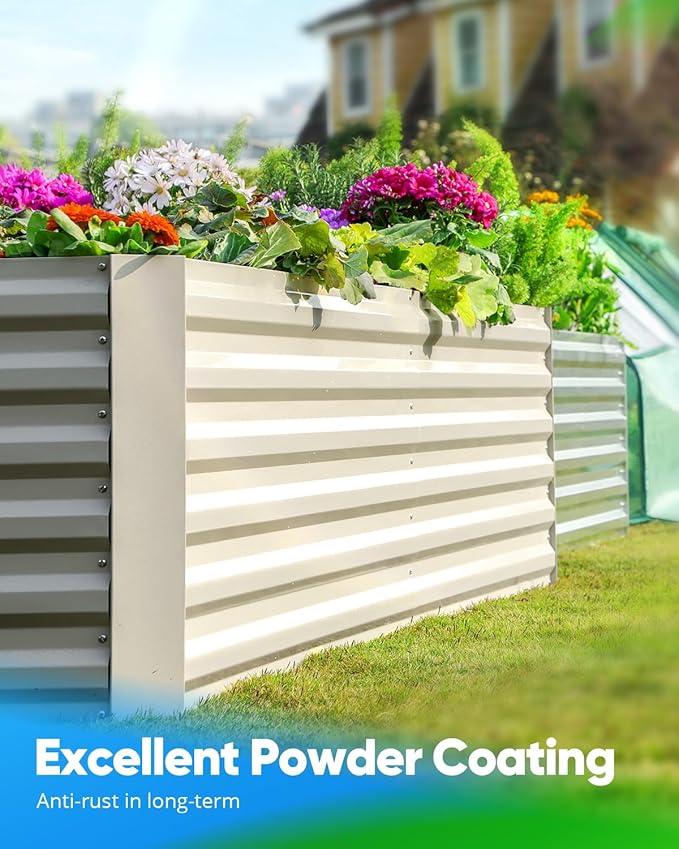 Quictent Galvanized Raised Garden Bed 8x4x2 Ft Tall Metal Planter Box for Vegetables Bottomless for Backyard, 2 Tomato Cages Included, 22.04" Deep, Beige